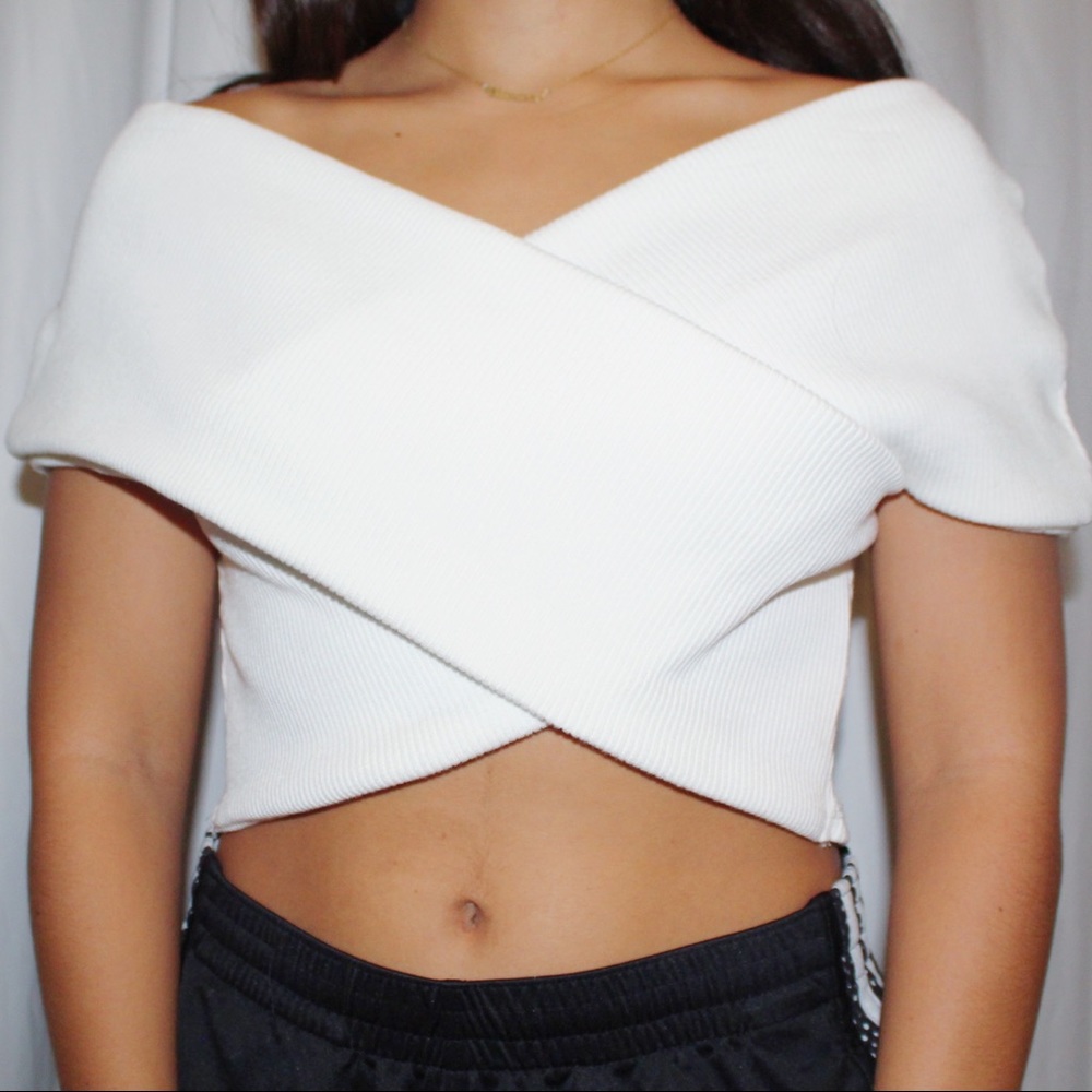 Fashion Nova white cross front ribbed cropped top